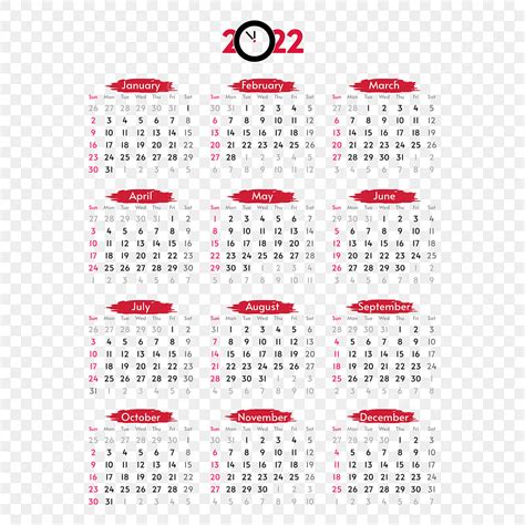Gambar Desain Template Kalender Tahun 2022 Dengan Elemen Gores Merah