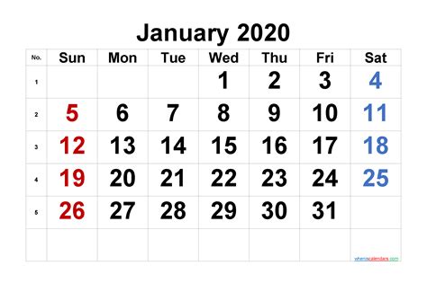 Printable Calendar January 2020 6 Templates