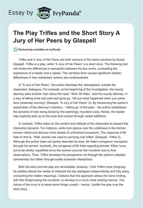 The Play Trifles And The Short Story A Jury Of Her Peers By Glaspell 368 Words Essay Example