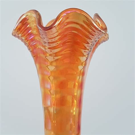 Orange Marigold Ripple Carnival Glass Vase Vintage Imperial Glass