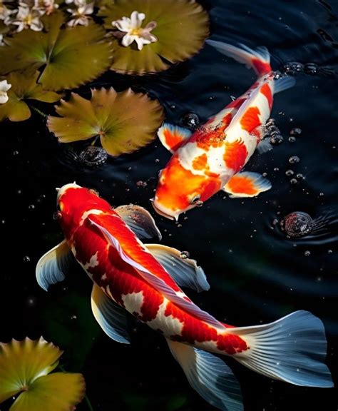 Two Orange And White Koi Fish Swimming Next To Each Other In Water With