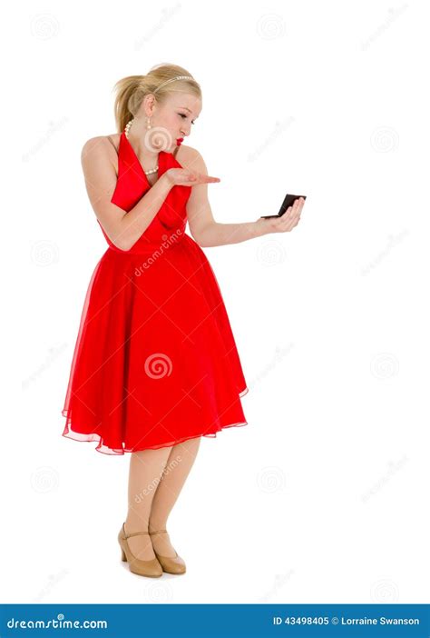 Conceited Girl In Red With Mirror Stock Photo Image 43498405