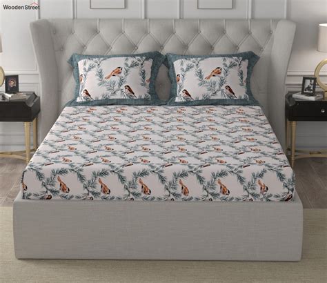 Buy Pure Cotton 240 Tc Double Bedsheet Indian Bird Print Blue Online In