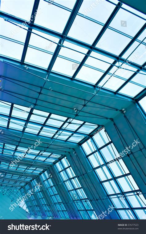 Abstract Blue Geometric Ceiling In Office Center Stock Photo 37677523