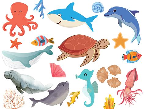 Watercolor Sea Creatures Clipart Sea Animals Svg Under The Etsy Uk