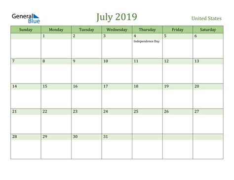 United States July 2019 Calendar With Holidays