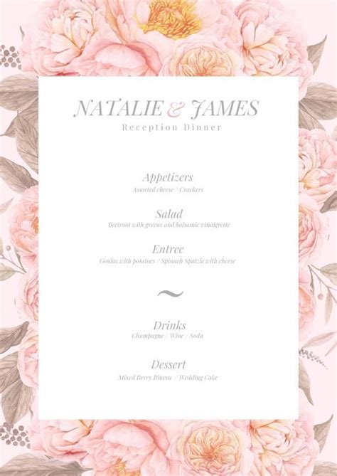pastel pink floral wedding menu template flipsnack