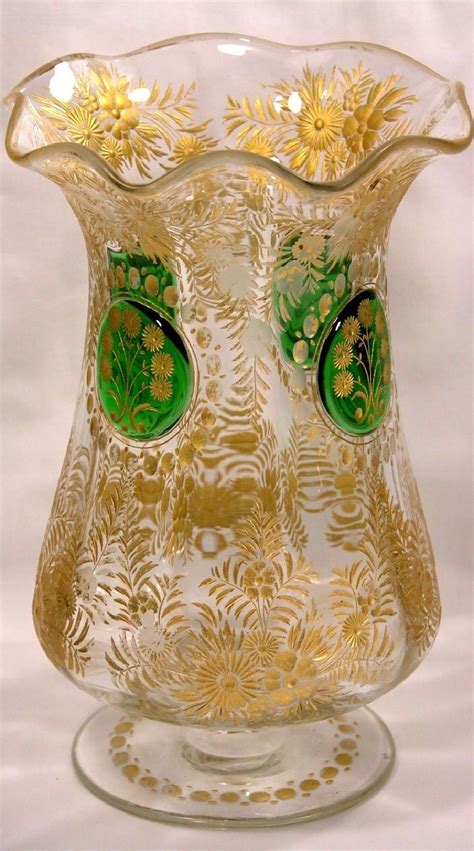 Antique Moser Vase Gold Encrusted Green Glass Vase Moser