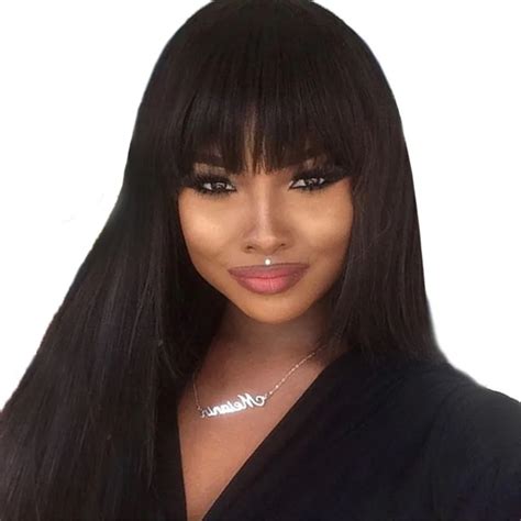 150 Straight 134 Lace Front Human Hair Wigs With Bangs Natural Black