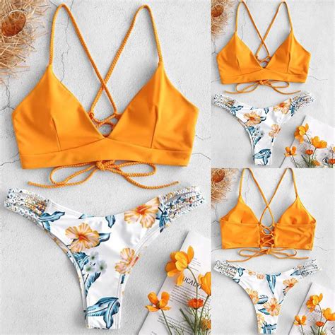 S L Conjunto de Roupas de Banho Roupas de Praia Biquíni Feminino Floral