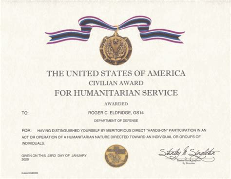 Civilian Humanitarian Service Award Certificate