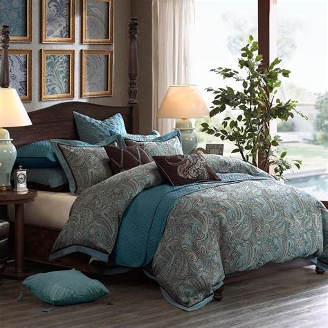 Luxury Blue Brown Jacquard Paisley Comforter Set AND Decorative Pillows HamptonHill
