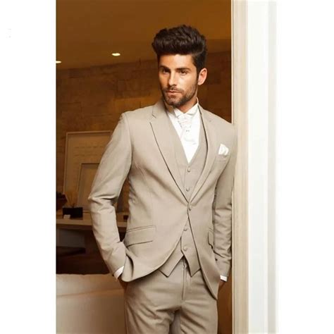 Beige Mens Dinner Party Prom Suit Groom Tuxedo Terno Masculino