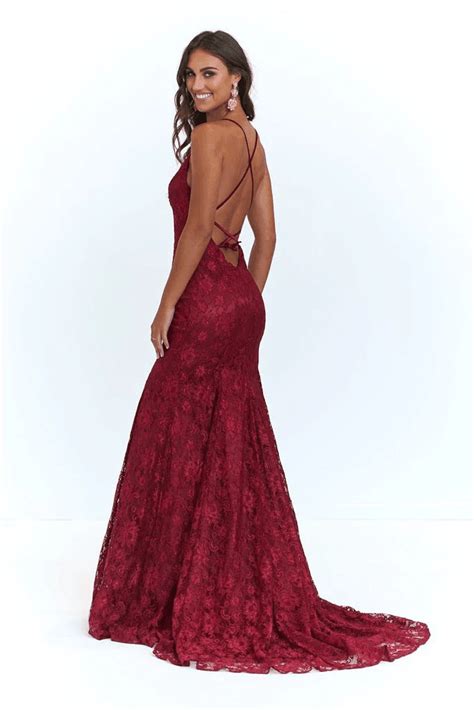 Mermaid Spaghetti Straps Burgundy Lace Backless Prom Dress Pgmdress