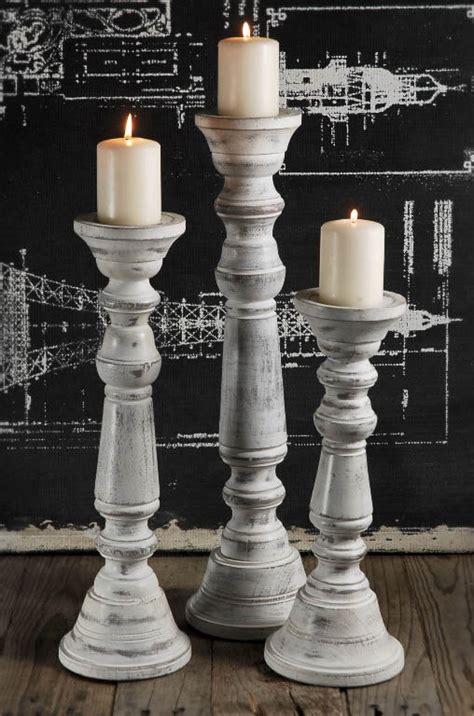 Wood Pillar Candle Holder White Set Of 3