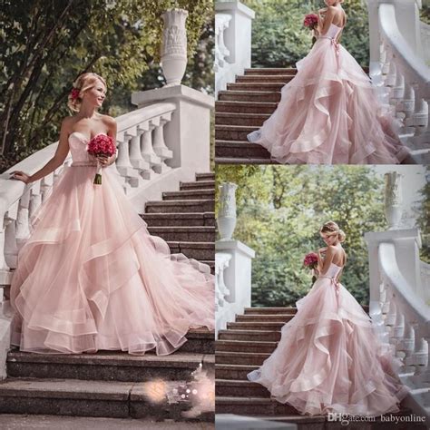 Discount 2017 Blush Pink Garden Wedding Dresses With Ribbon Sweetheart