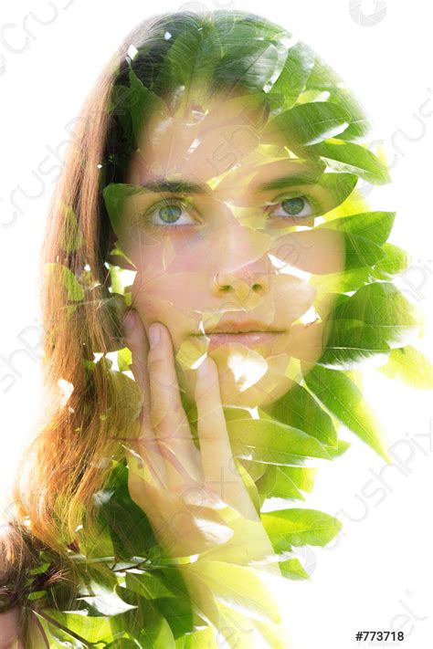 Double Exposure Portrait Of A Naturally Beautiful Woman Softly Touching