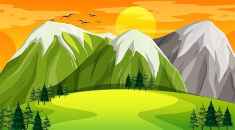 Escena De Paisaje En Blanco Del Parque Natural Al Atardecer Vector Gratis