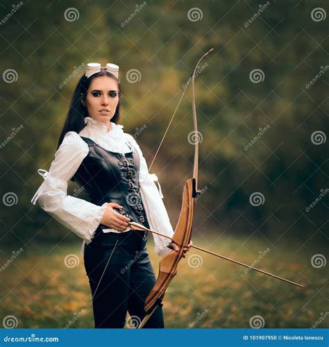 Female Archer Warrior In Costume With Bow And Arrow Stock Photo Image