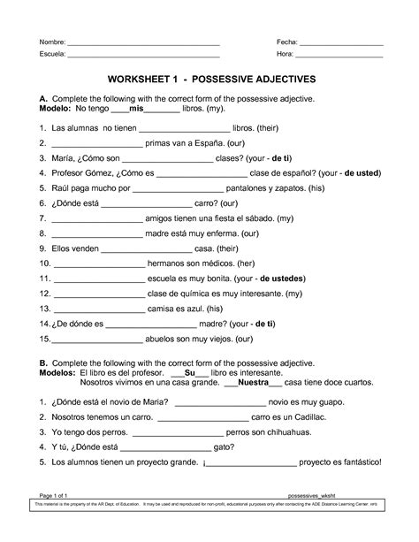 Spanish Possessive Pronouns Worksheet Worksheeto