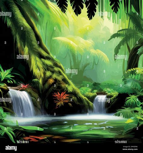 Beautiful Cartoon Forest Tropical Jungle With Wildlife Waterfall