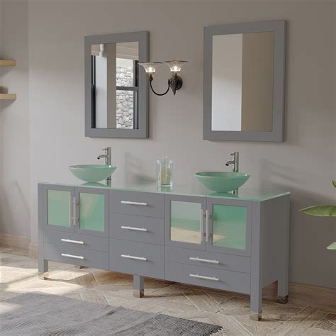 Double Sink Bathroom Vanity Set In Modern Gray Finish With Polished