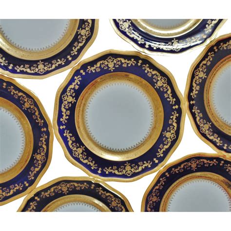 8 French Limoges Cobalt Blue Gold Encrusted Dinner Plates Set France