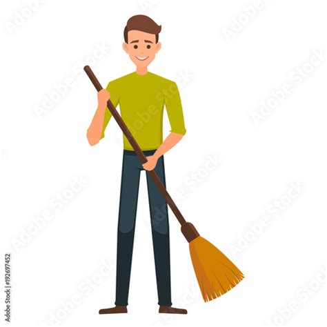 Cartoon Male Vector Character With A Broom Cleaner Boy Is Holding A
