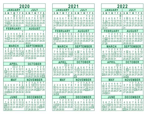 2020 2021 2022 3 Year Calendar
