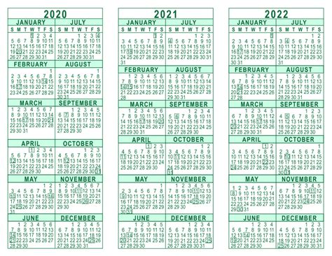 3 Year Calendar 2020 To 2022 Calendar With Holidays P