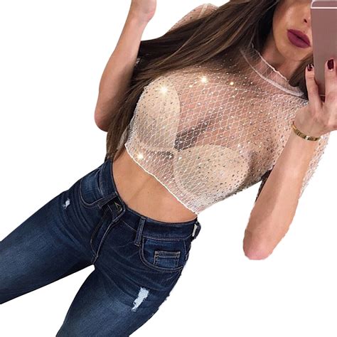 Sexy Mesh Sheer Crop Top Women Shiny Diamond Transparent Cropped T Shirt Ladise Half Sleeve