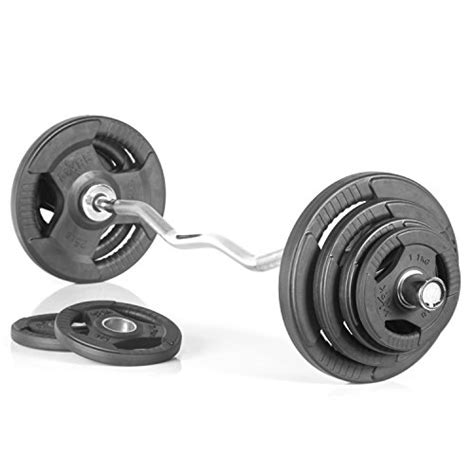 xmark fitness olympic ez curl bar with durable nylon bushings and olympic weight set package