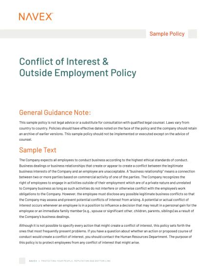 Conflict of Interest & Outside Employment Sample Policy | NAVEX
