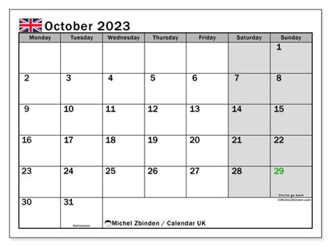Calendar October 2023 Uk Michel Zbinden Gb
