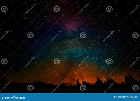 Milky Way And Fantasy Galaxy Clouds Above The Forest Landscape Collage