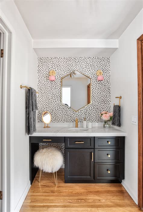 Find inspiration and ideas for your bathroom and bathroom the bathroom is associated with the weekday morning rush, but it doesn't have to be. Black Vanity with Brass Hardware, Pink Accents ...