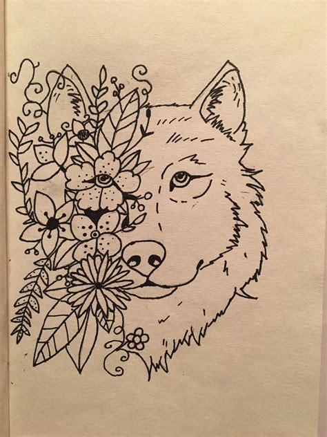 Sharpie Drawing Wolf Head With Flowers Sharpie Drawings Flower