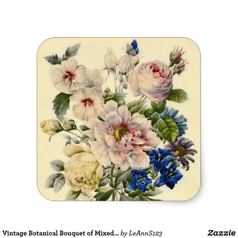 Vintage Botanical Bouquet Of Mixed Flowers Square Sticker Zazzle