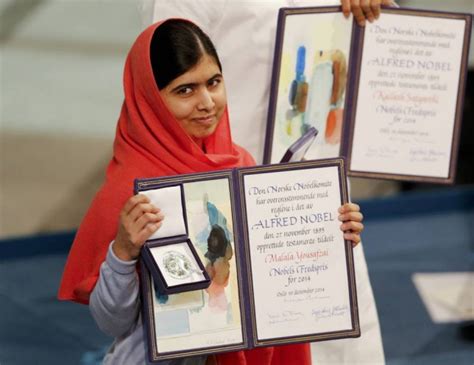 She is sixteen years old. Malala Yousafzai becomes the youngest person ever to accept a Nobel Peace Prize along with ...