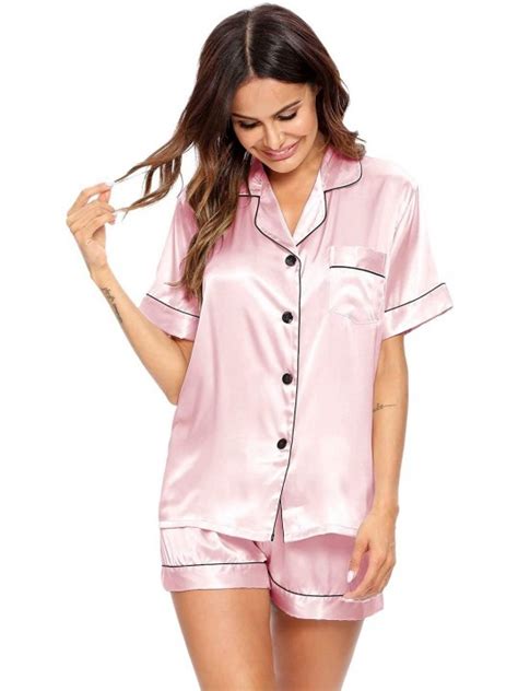 Womens Silk Satin Pajamas Short Sleeve Loungewear Two Piece Sleepwear