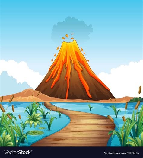 Nature Scene With Volcano Eruption By The Lake Vector Image On VectorStock