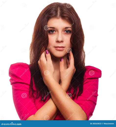 woman brunette girl in pink dress isolated stock image image of girl