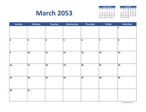 March 2053 Calendar Classic