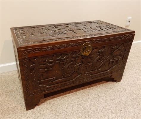 Antique Chinese Intricately Carved Hardwood Trunk With Shelf 39 X 19 X