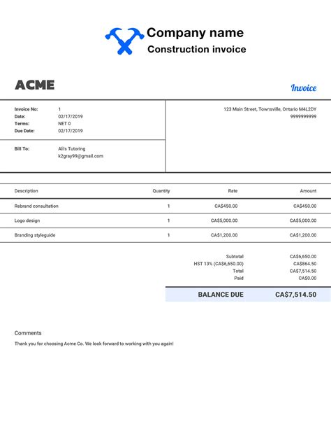 Free Construction Invoice Template Customize And Send In 90 Seconds