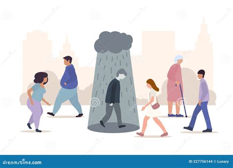 Depressed Man Walks Under Cloud With Falling Rain On Crowded City
