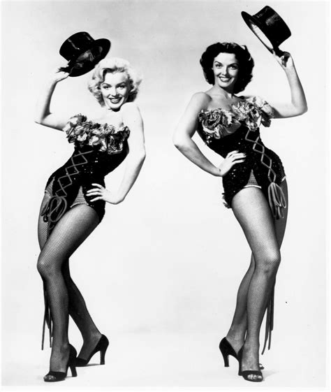 marilyn monroe and jane russell in a promotional photo for gentlemen prefer blondes 1952