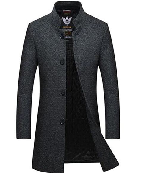 Mens Coat Slim Woolen Thick Warm Single Breasted Stand Collar Casual