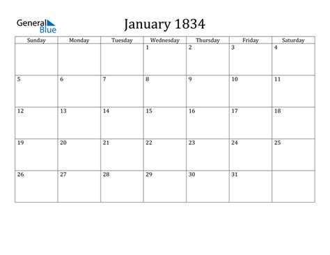 January 1834 Calendar Pdf Word Excel