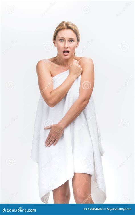 Beautiful Adult Woman With Fresh Healthy Skin Covering Herself Stock Photo Image Of Moisture